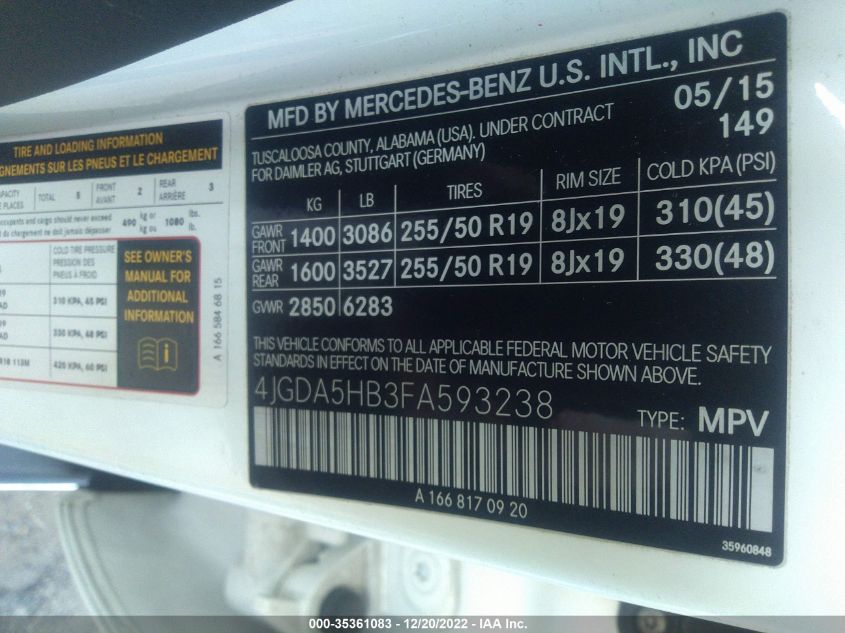 2015 MERCEDES-BENZ M-CLASS ML 350 - 4JGDA5HB3FA593238