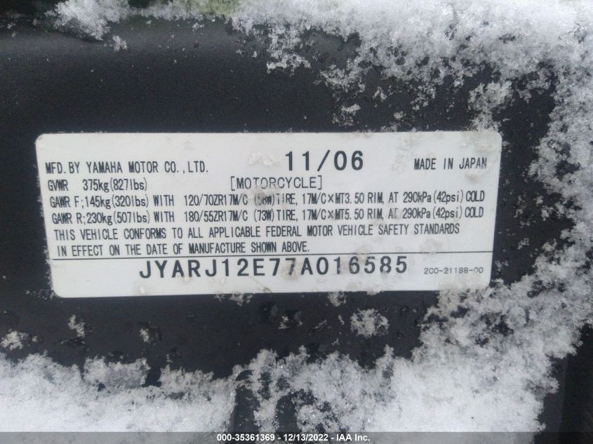 2007 YAMAHA YZFR6 L JYARJ12E77A016585