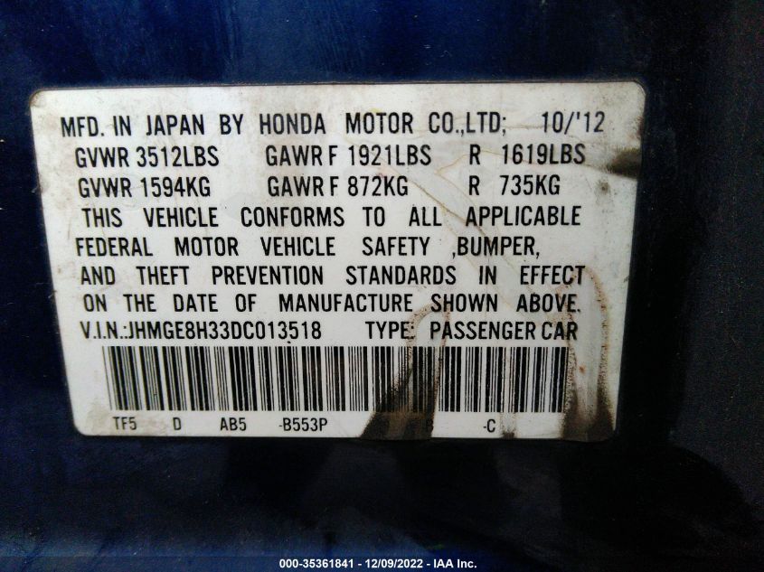2013 HONDA FIT JHMGE8H33DC013518