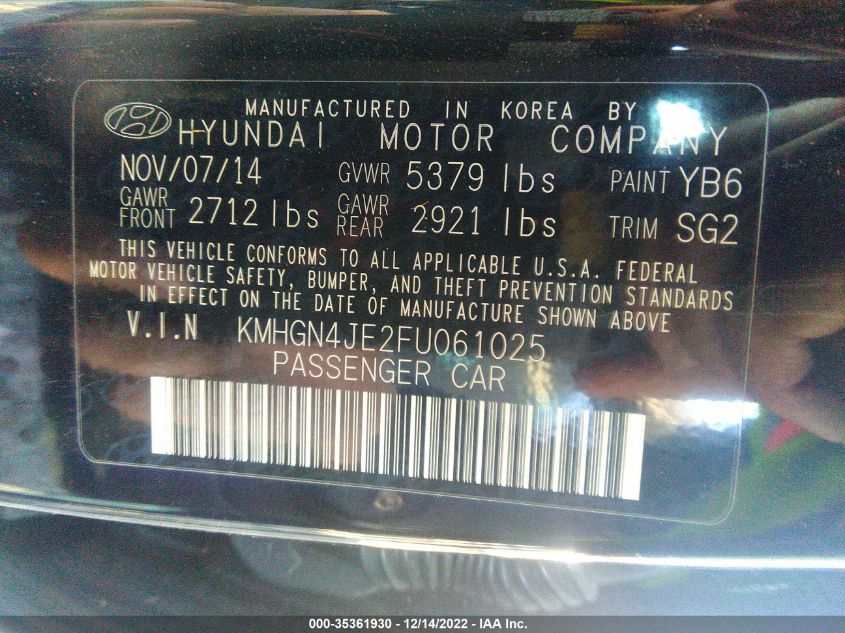 2015 HYUNDAI GENESIS 3.8L KMHGN4JE2FU061025
