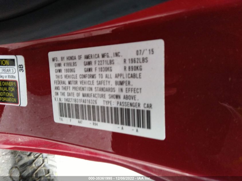 2015 HONDA ACCORD COUPE LX-S 1HGCT1B31FA016326