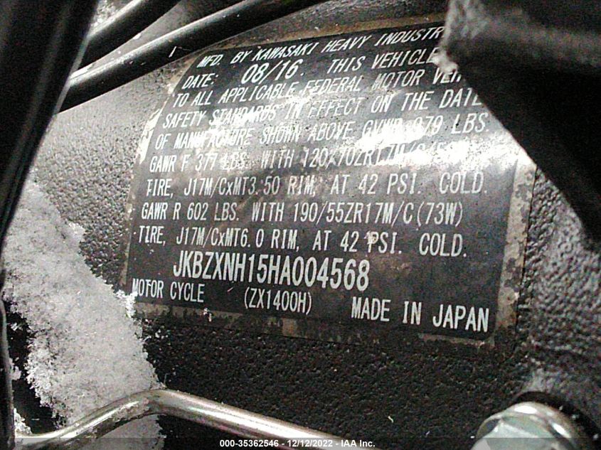2017 KAWASAKI ZX1400 H JKBZXNH15HA004568