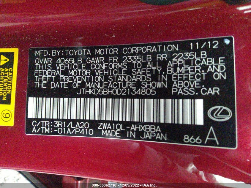 2013 LEXUS CT 200H HYBRID - JTHKD5BH0D2134805