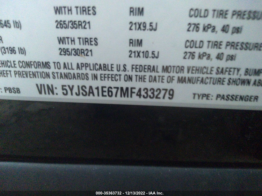 VIN 5YJSA1E67MF433279 2021 TESLA MODEL S PLAID