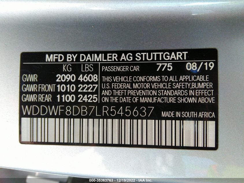 2020 MERCEDES-BENZ C-CLASS C 300 WDDWF8DB7LR545637