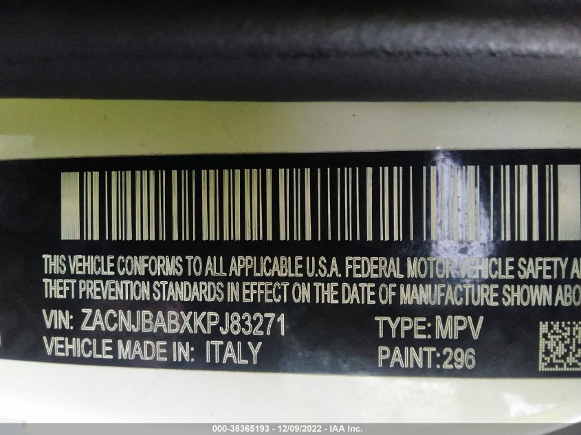 VIN ZACNJBABXKPJ83271 2019 JEEP RENEGADE SPORT