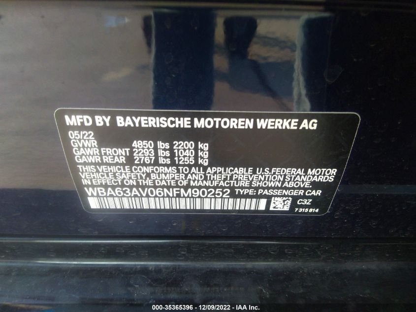 WBA63AV06NFM90252 BMW 4 Series 430In Gran 8