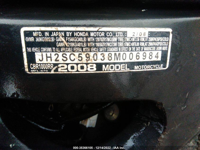 2008 HONDA CBR1000 RR JH2SC59038M006984