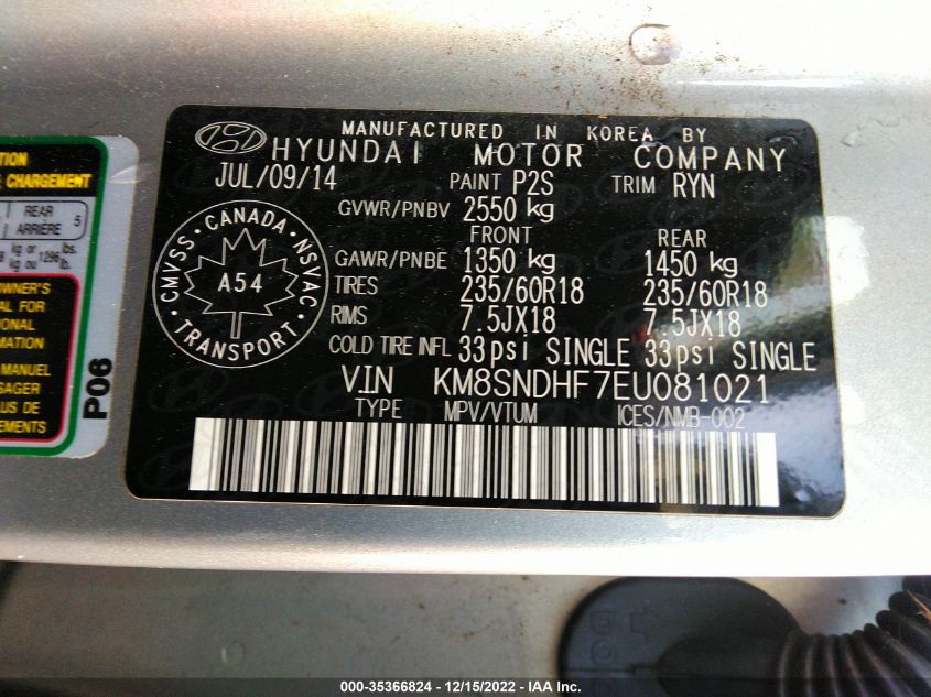 2014 HYUNDAI SANTA FE XL LUXURY KM8SNDHF7EU081021