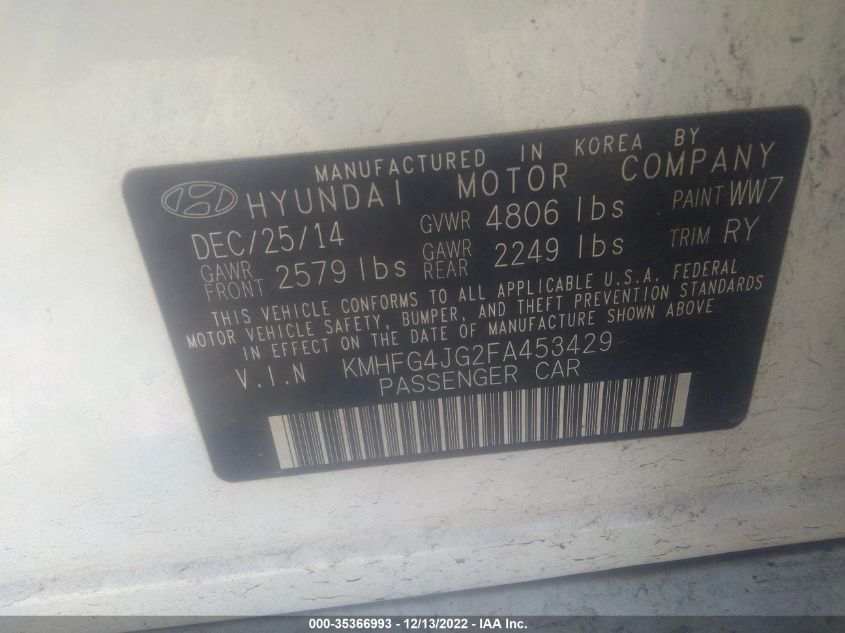 2015 HYUNDAI AZERA KMHFG4JG2FA453429