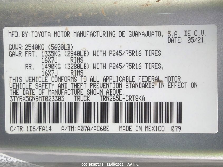 2021 TOYOTA TACOMA 2WD SR/SR5 3TYRX5GN9MT023303