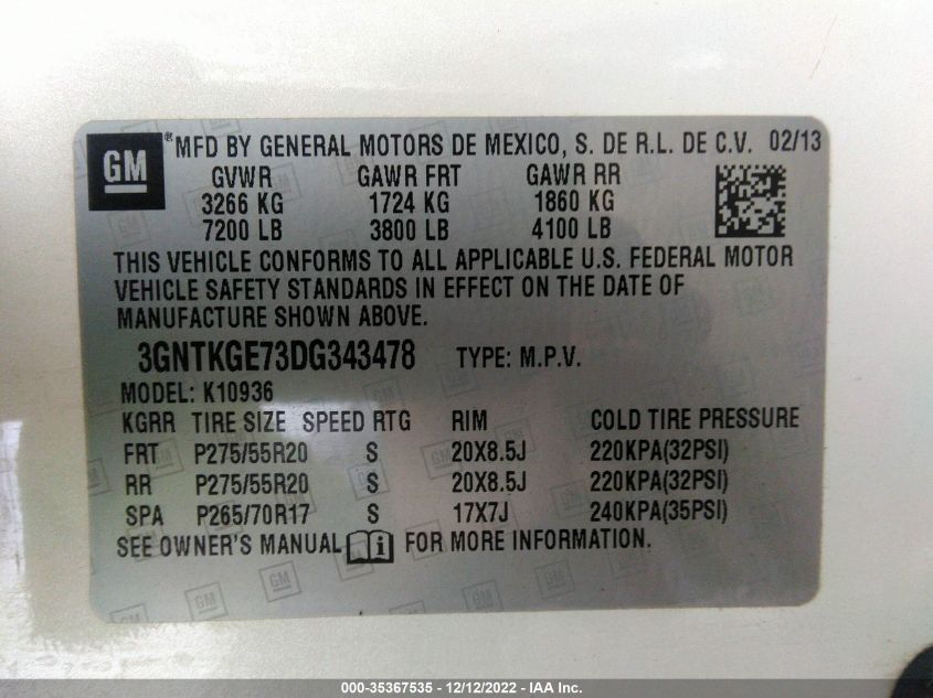 2013 CHEVROLET AVALANCHE LTZ 3GNTKGE73DG343478