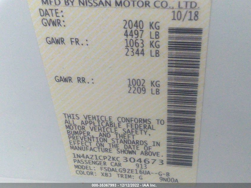 2019 NISSAN LEAF SL 1N4AZ1CP2KC304673