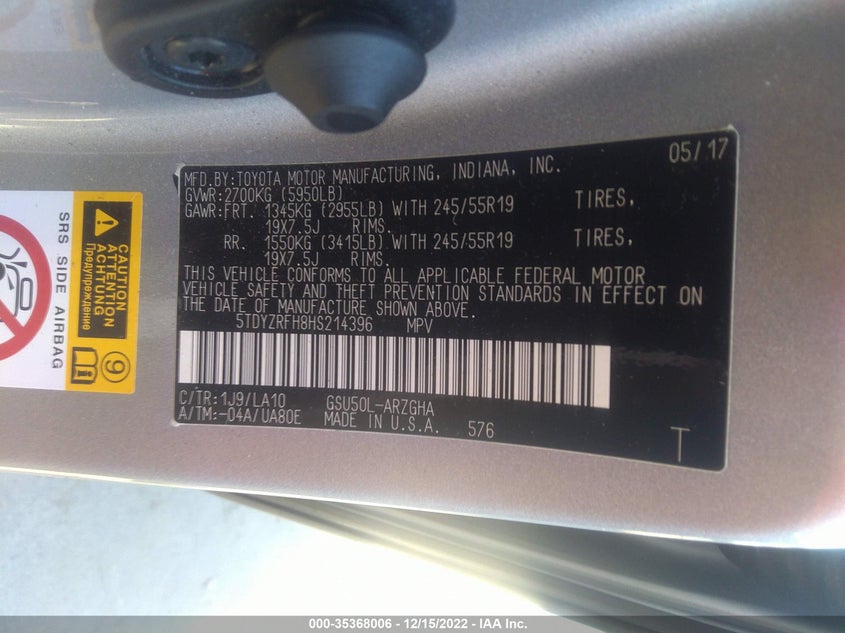 VIN 5TDYZRFH8HS214396 2017 TOYOTA HIGHLANDER LIMITED