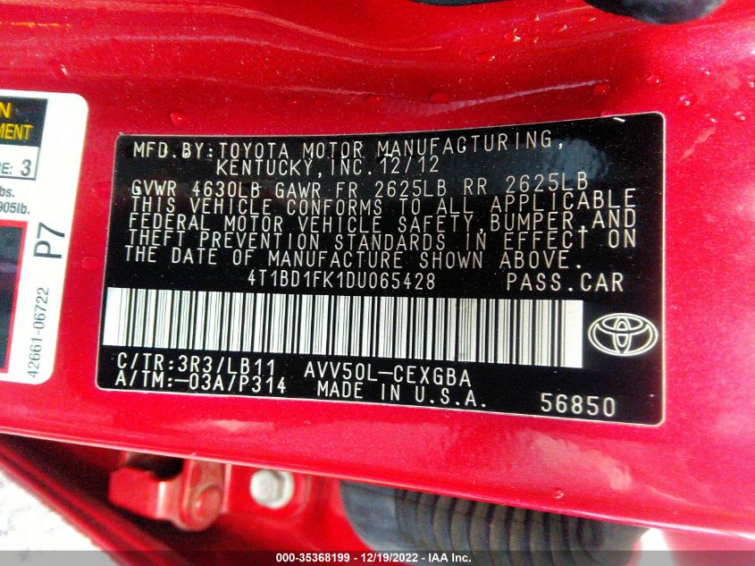 2013 TOYOTA CAMRY HYBRID LE/XLE 4T1BD1FK1DU065428