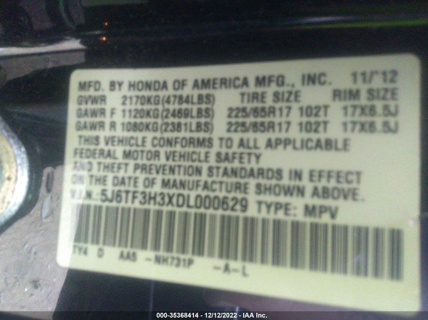 2013 HONDA CROSSTOUR EX - 5J6TF3H3XDL000629