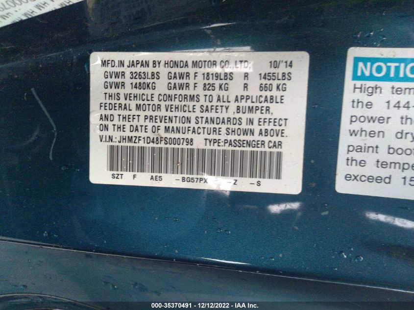 2015 HONDA CR-Z JHMZF1D48FS000798
