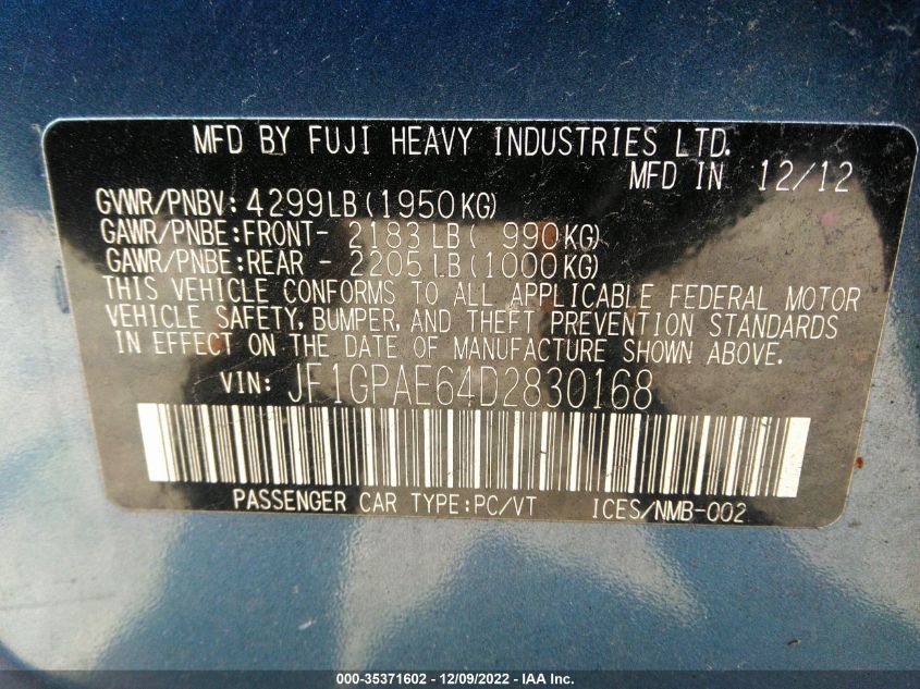 2013 SUBARU IMPREZA WAGON 2.0I PREMIUM JF1GPAE64D2830168