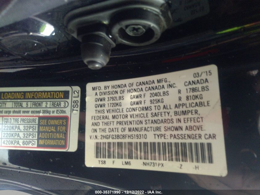 2015 HONDA CIVIC COUPE EX-L 2HGFG3B08FH519310