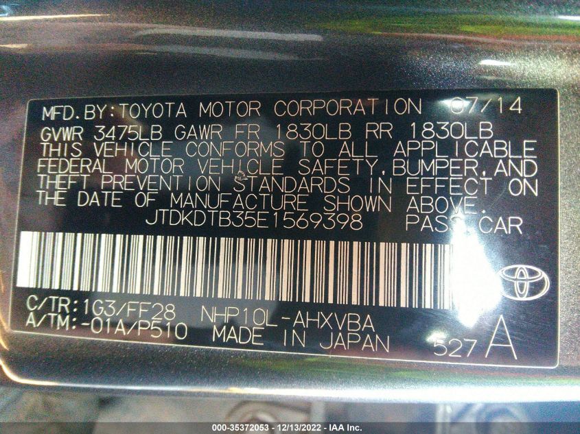 2014 TOYOTA PRIUS C ONE/THREE/TWO/FOUR JTDKDTB35E1569398