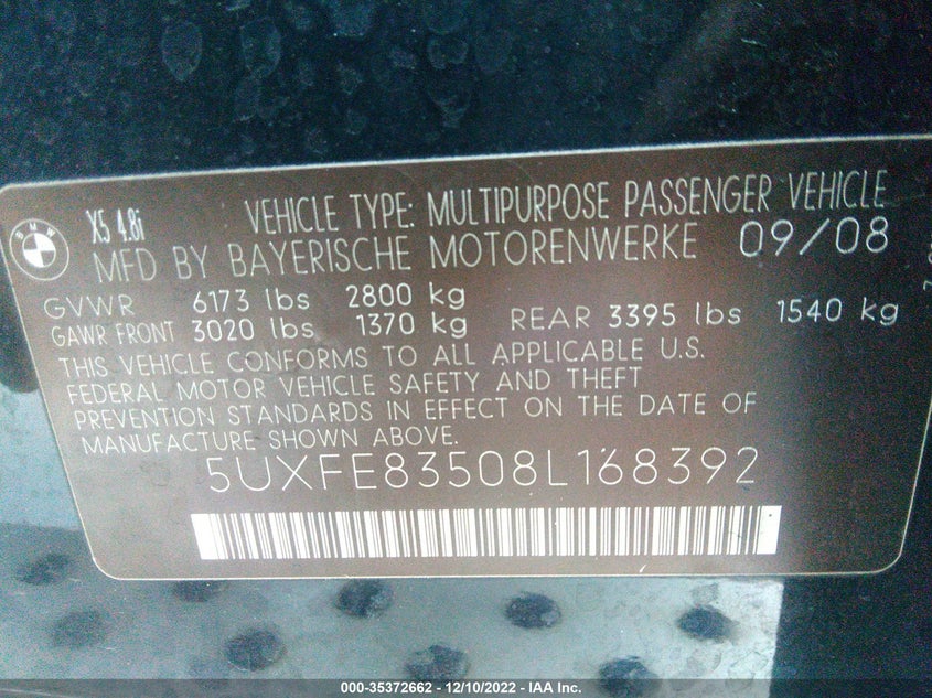 2008 BMW X5 VIN: 5UXFE83508L168392