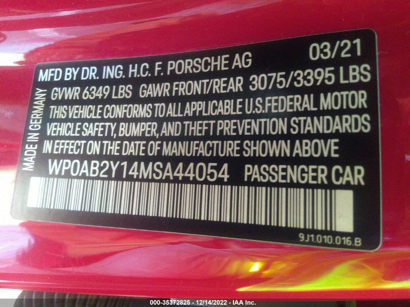 2021 PORSCHE TAYCAN 4S WP0AB2Y14MSA44054