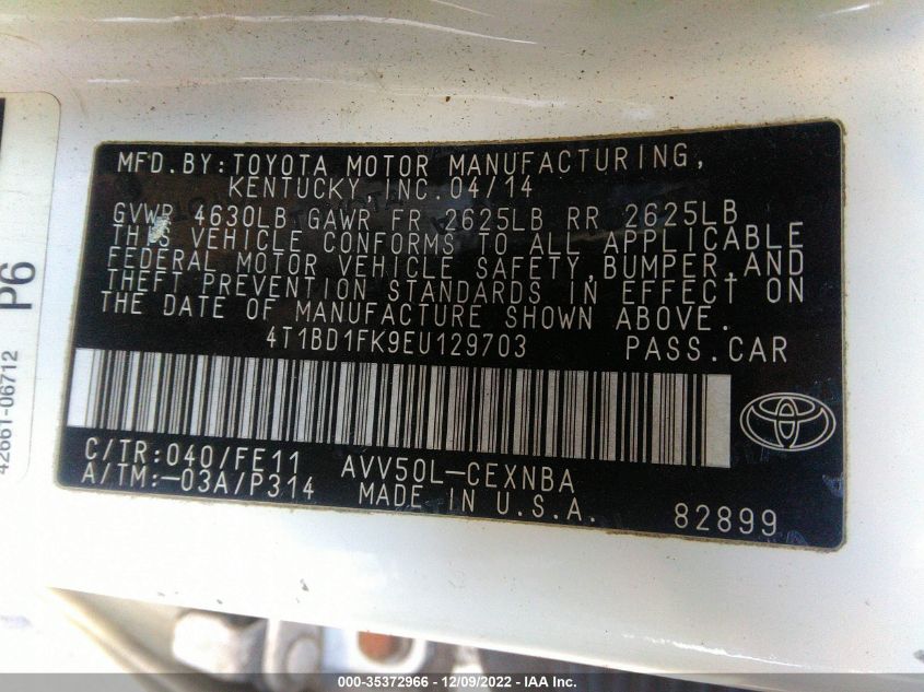 2014 TOYOTA CAMRY HYBRID LE/XLE/SE LIMITED EDITION 4T1BD1FK9EU129703
