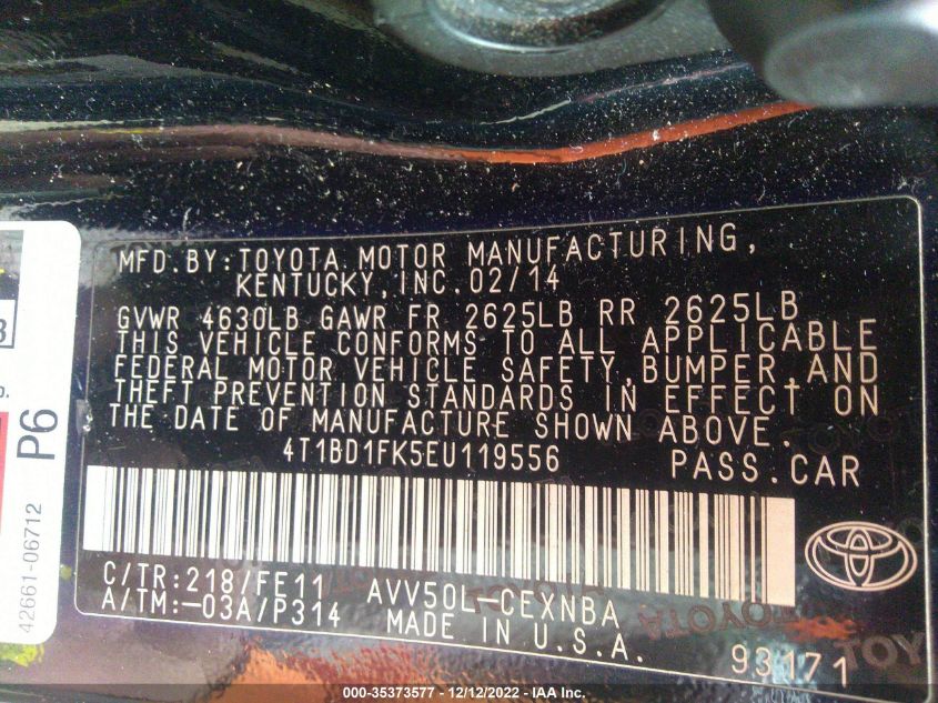 2014 TOYOTA CAMRY HYBRID 4T1BD1FK5EU119556
