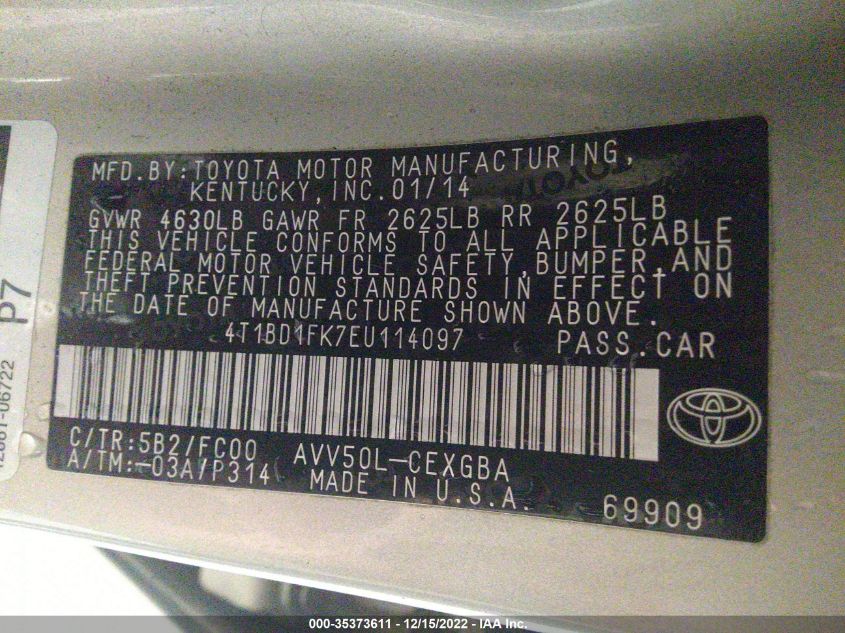 2014 TOYOTA CAMRY HYBRID 4T1BD1FK7EU114097