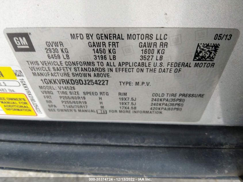 2013 GMC ACADIA SLT 1GKKVRKD9DJ254227