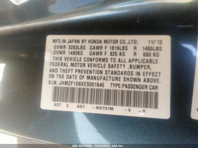 2014 HONDA CR-Z EX JHMZF1D6XES001645