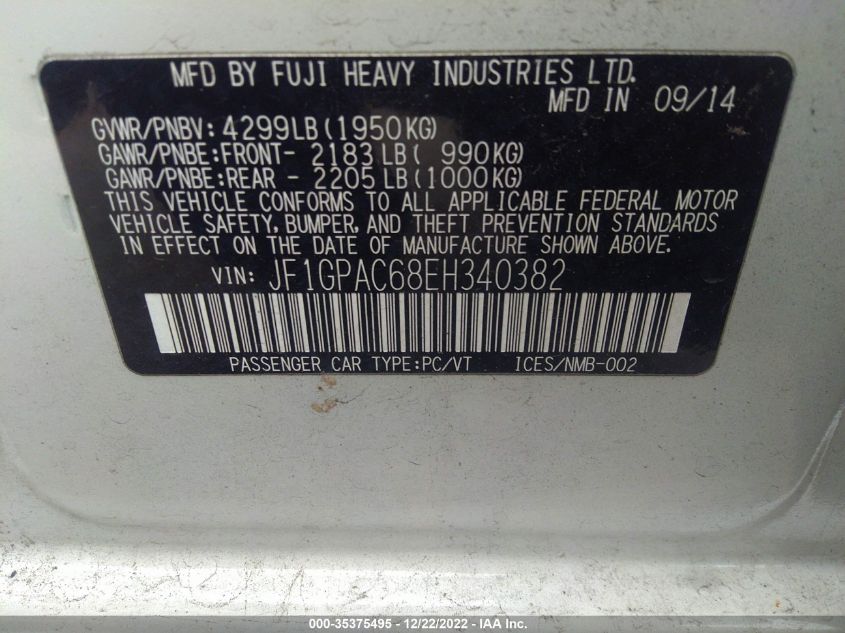 2014 SUBARU IMPREZA WAGON 2.0I PREMIUM JF1GPAC68EH340382