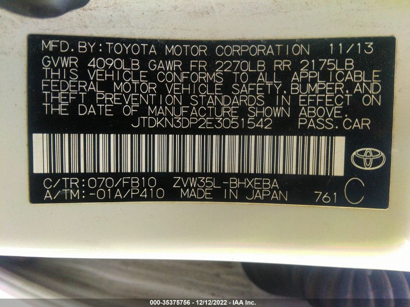 2014 TOYOTA PRIUS PLUG-IN JTDKN3DP2E3051542