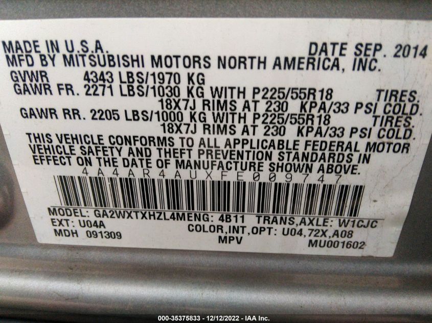 2015 MITSUBISHI OUTLANDER SPORT SE 4A4AR4AUXFE009747