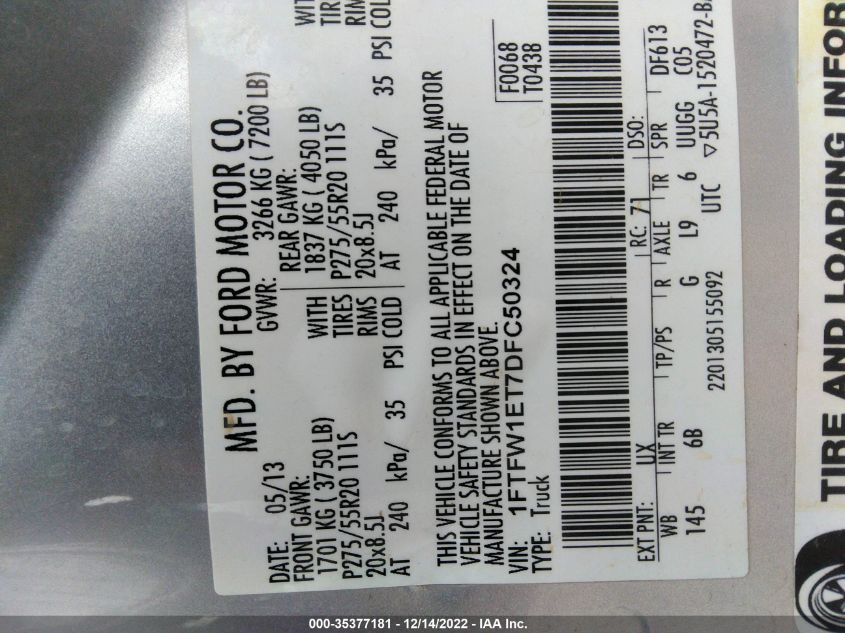 2013 FORD F-150 XL/XLT/FX4/LARIAT 1FTFW1ET7DFC50324