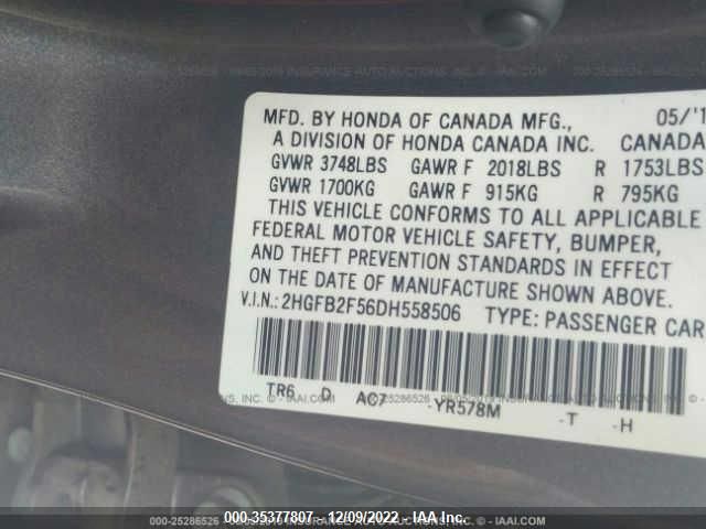 2013 HONDA CIVIC SDN LX 2HGFB2F56DH558506