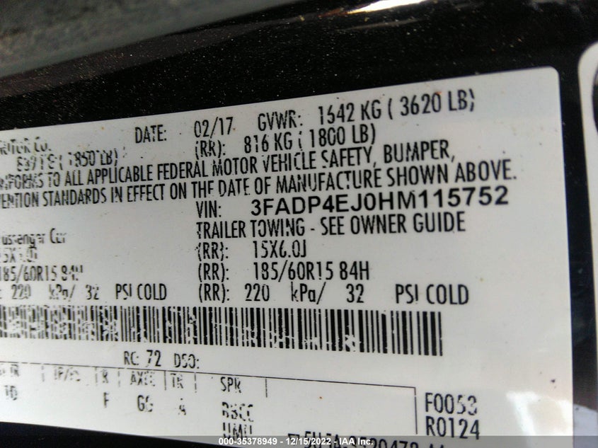 VIN 3FADP4EJ0HM115752 2017 FORD FIESTA SE