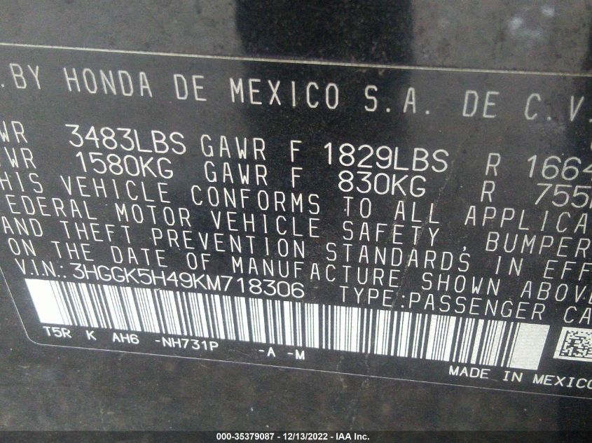 2019 HONDA FIT LX 3HGGK5H49KM718306