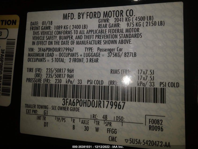 VIN 3FA6P0HD0JR179967 2018 FORD FUSION SE