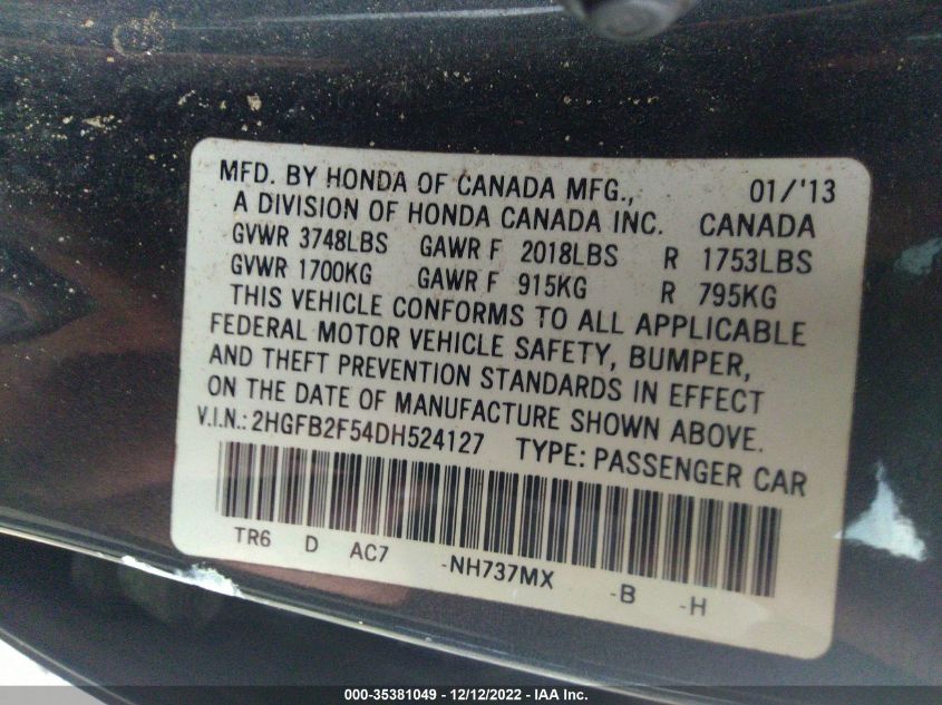 2013 HONDA CIVIC SDN LX 2HGFB2F54DH524127