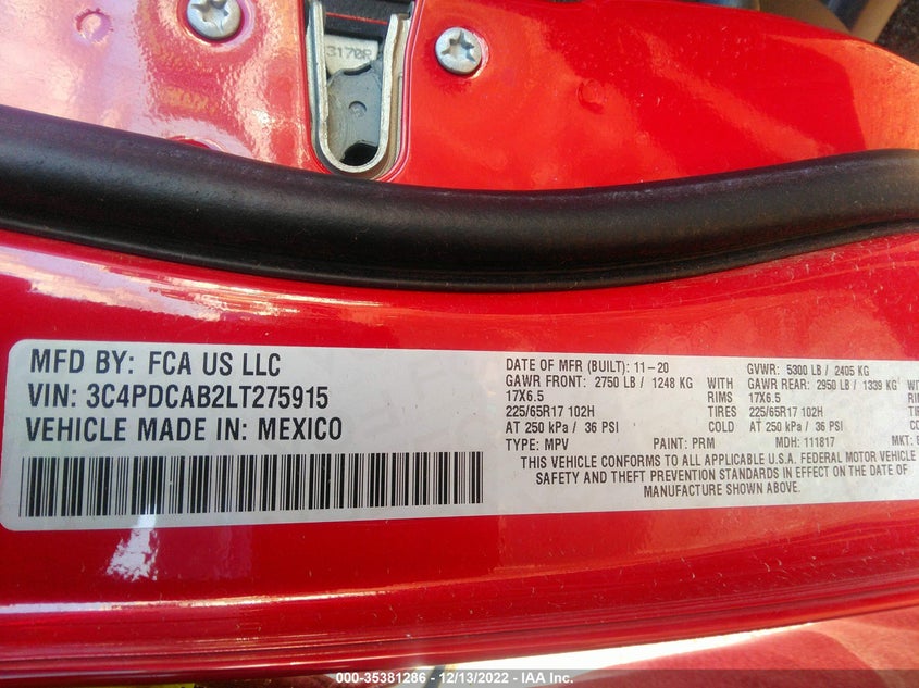 VIN 3C4PDCAB2LT275915 2020 DODGE JOURNEY SE VALUE