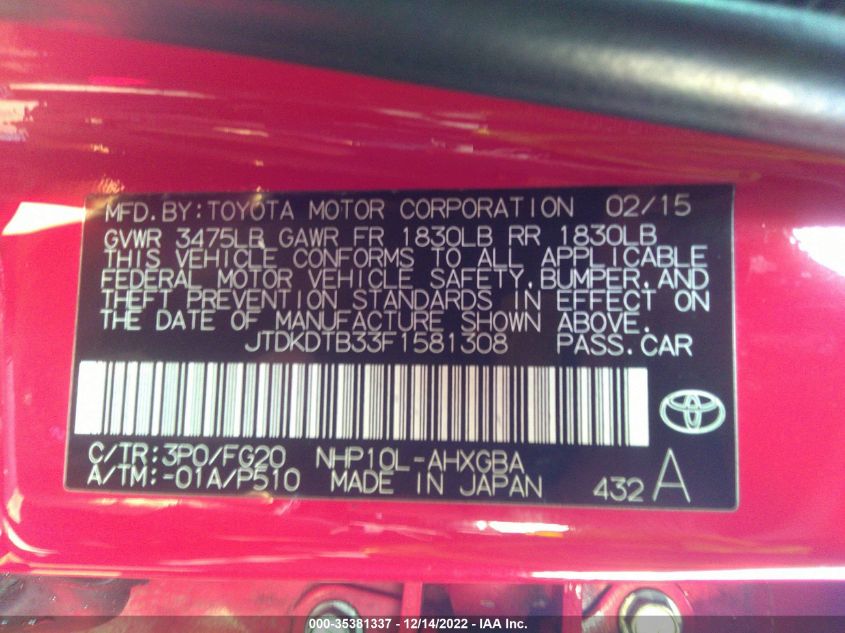 2015 TOYOTA PRIUS C ONE/TWO/THREE/FOUR JTDKDTB33F1581308