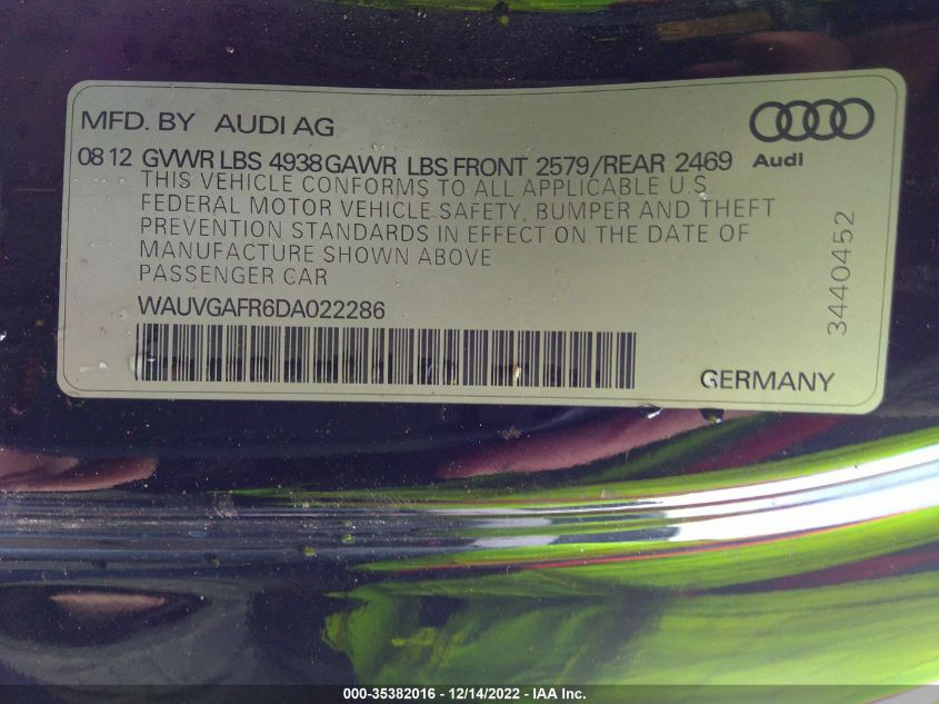 2013 AUDI S5 PRESTIGE WAUVGAFR6DA022286
