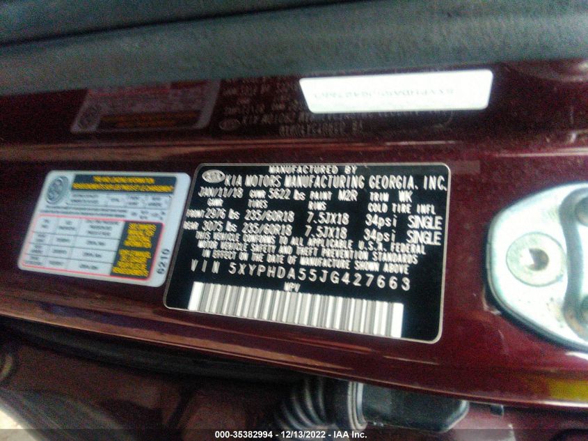 VIN 5XYPHDA55JG427663 2018 KIA SORENTO EX V6