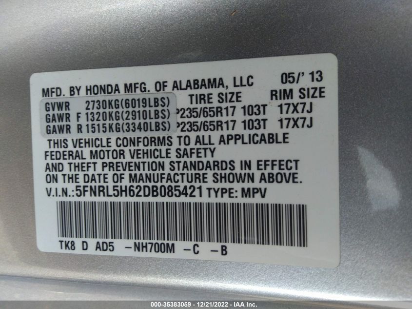 VIN 5FNRL5H62DB085421 2013 HONDA ODYSSEY no.9