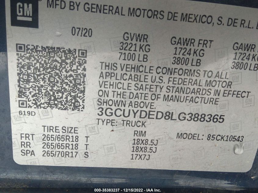 2020 CHEVROLET SILVERADO 1500 LT - 3GCUYDED8LG388365