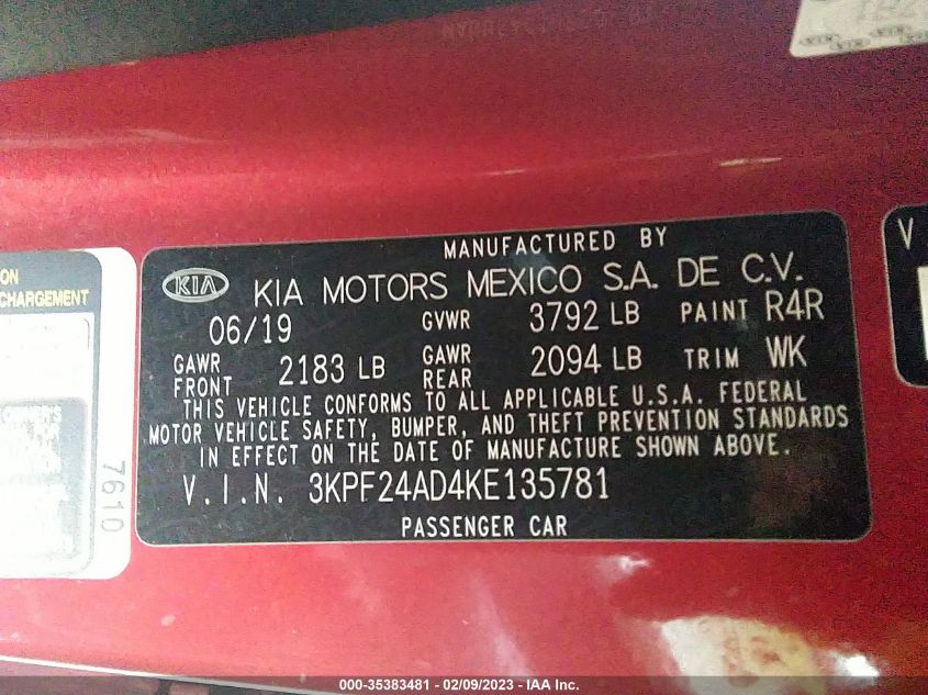 3KPF24AD4KE135781 Kia Forte LXS 9