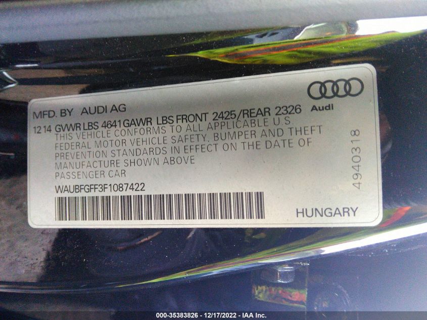 2015 AUDI S3/A3 2.0T PREMIUM PLUS WAUBFGFF3F1087422