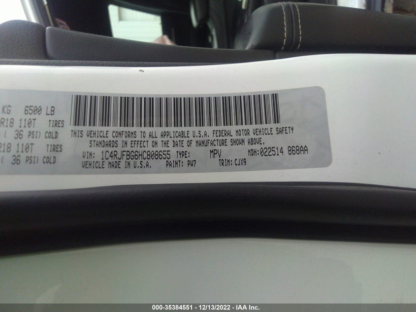 VIN 1C4RJFBG6HC808655 2017 JEEP GRAND CHEROKEE LIMITED