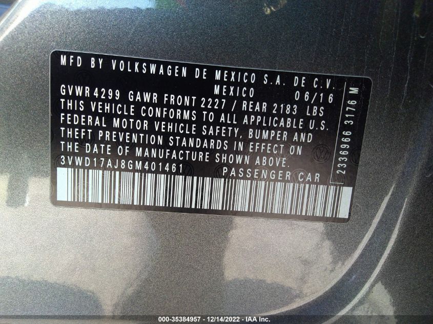 2016 VOLKSWAGEN JETTA SEDAN 1.8T SPORT 3VWD17AJ8GM401461
